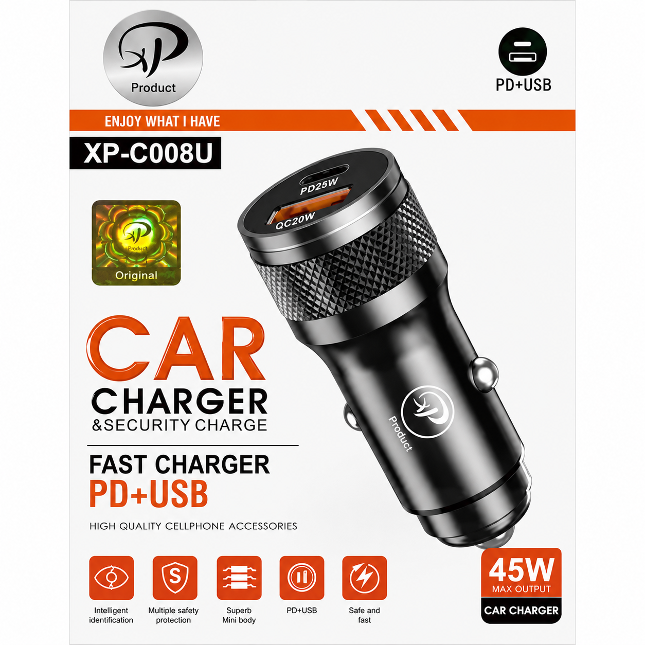 شارژر فندکی XP-C008U | با PD و USB نارنجی | 45W