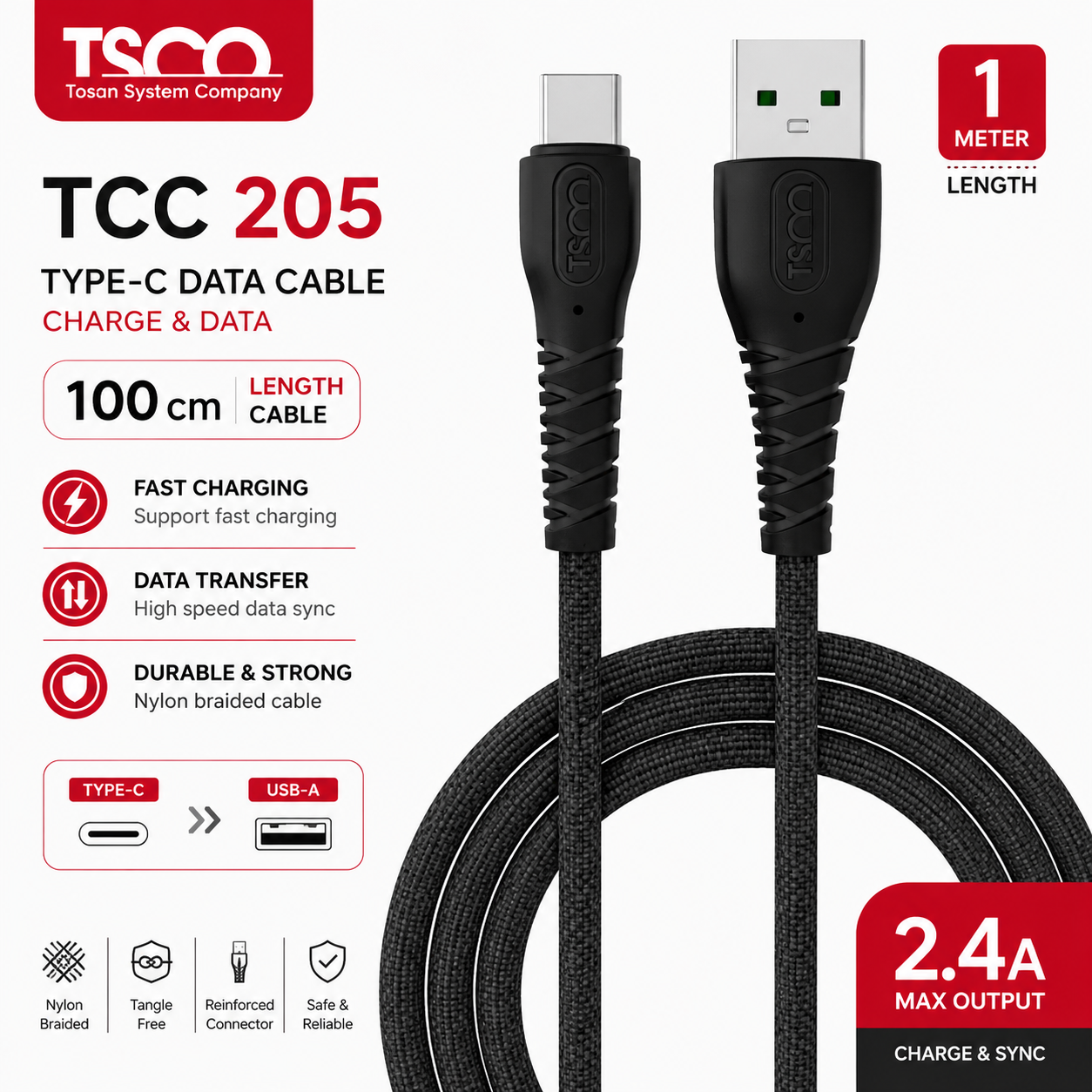کابل 1 متر شارژر و دیتا TSCO TCC205 تایپ سی
