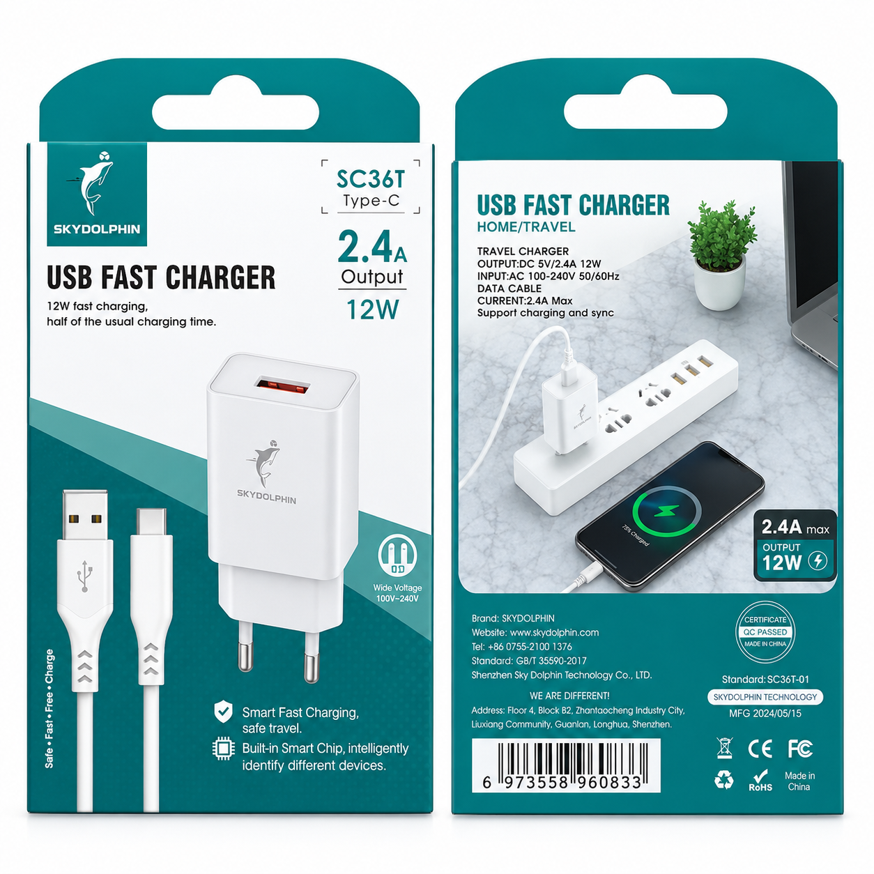 شارژر SKYDOLPHIN SC36T / کابل تایپ سی / 1 پورت USB 2.4A