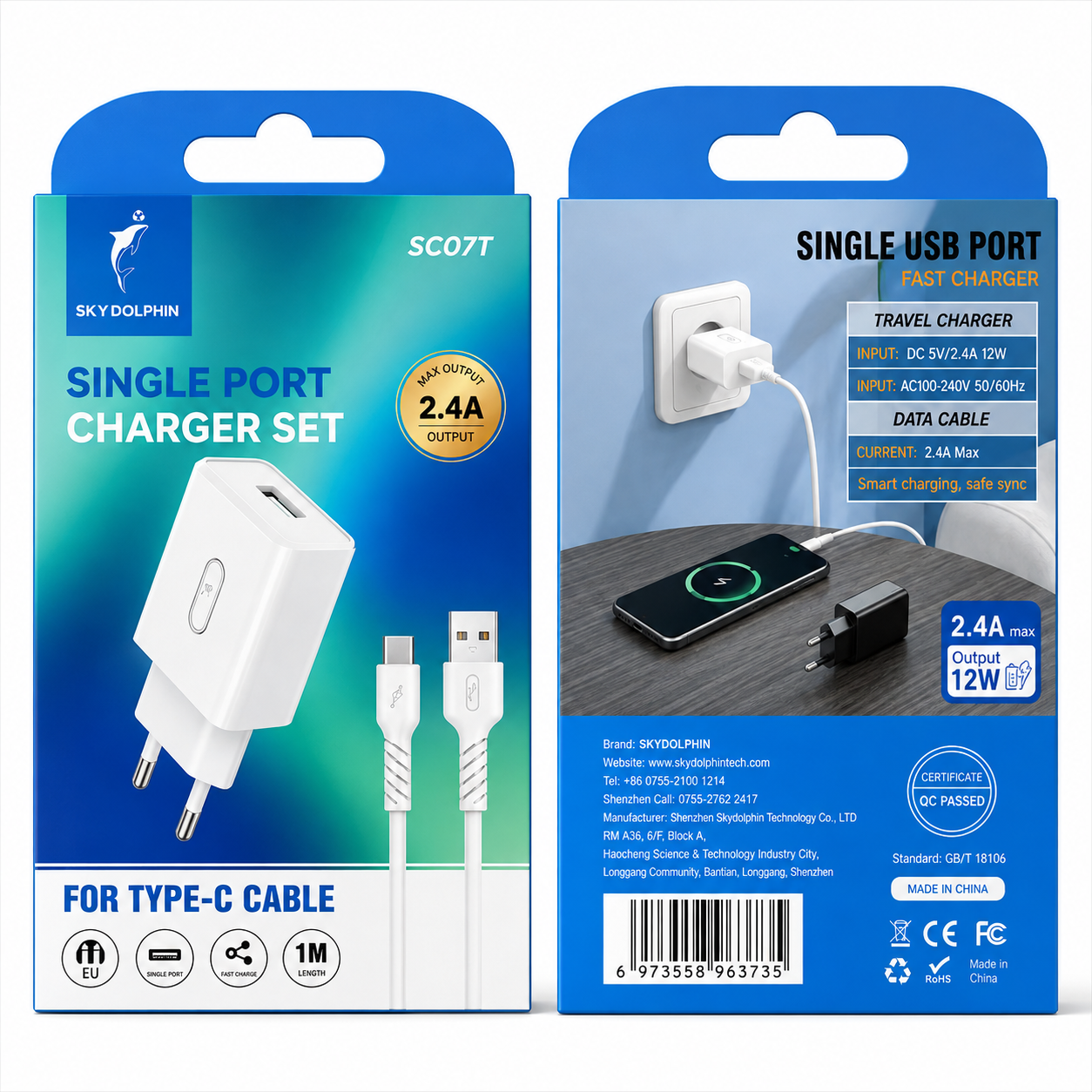 شارژر SKYDOLPHIN SC07T / کابل تایپ سی / 1 پورت USB 2.4A