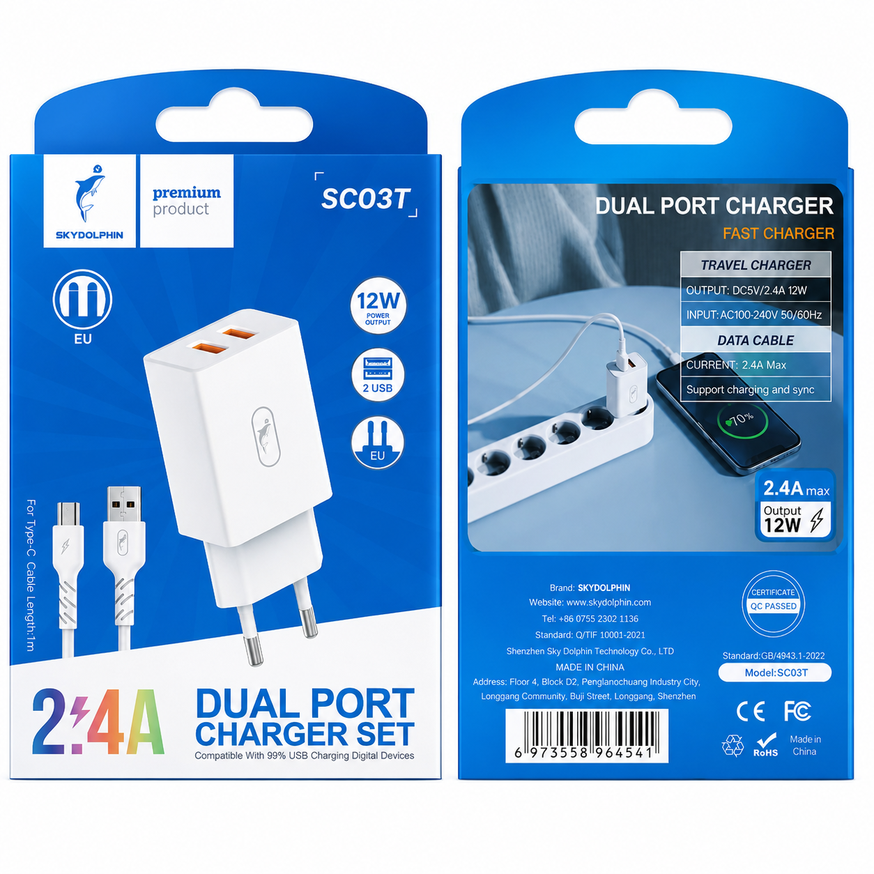 شارژر SKYDOLPHIN SC03T / کابل تایپ سی / 2 پورت USB 2.4A