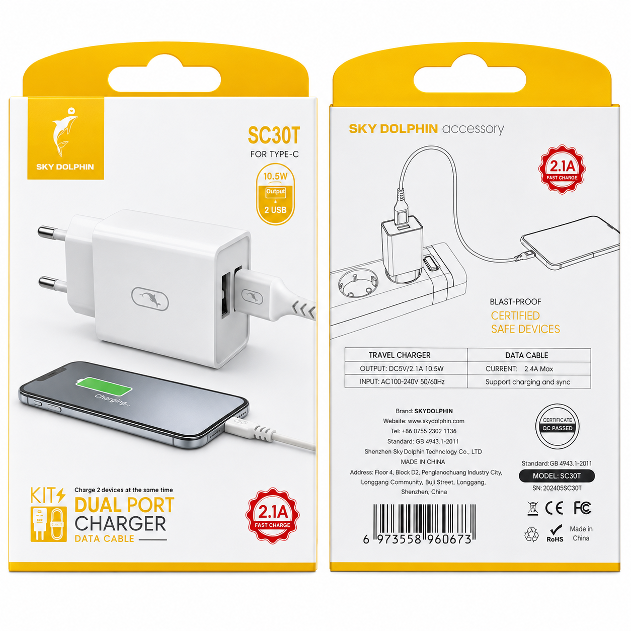 شارژر SKYDOLPHIN SC30T / کابل تایپ سی / 2 پورت USB 2.1A