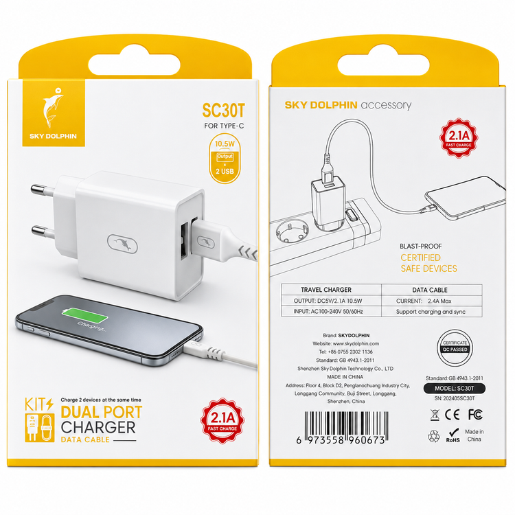 شارژر SKYDOLPHIN SC30T / کابل تایپ سی / 2 پورت USB 2.1A